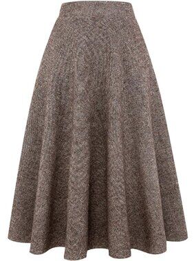 Womens Plaid Wool Skirts Elastic Waist A-Line Pleated Tartan Long Skirts